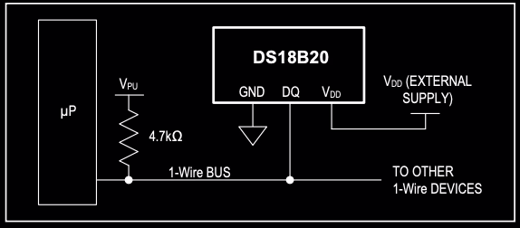 Typical 1-wire device power and data connection to MCU.